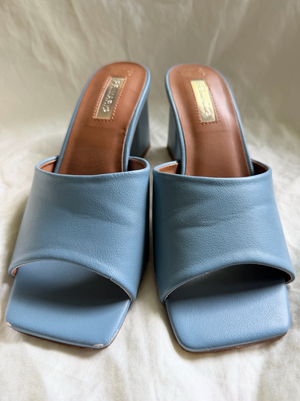 Primark Dusty Blue Leather Square-Toe Block Heel Mules